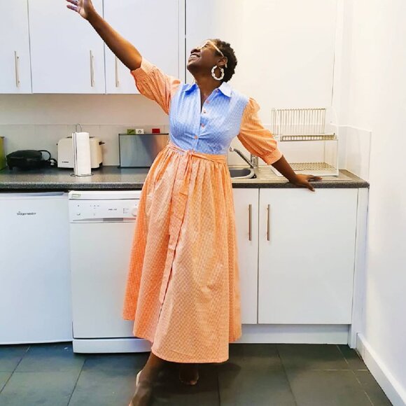 Kemi Telford Button Down Shirt Dress Gingham Blue Orange Size Medium - Picture 1 of 8